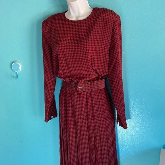 Talbots Womens 12 Vintage 1980’s Midi Houndstooth Check Red & Black Belted Dress - Picture 7 of 15